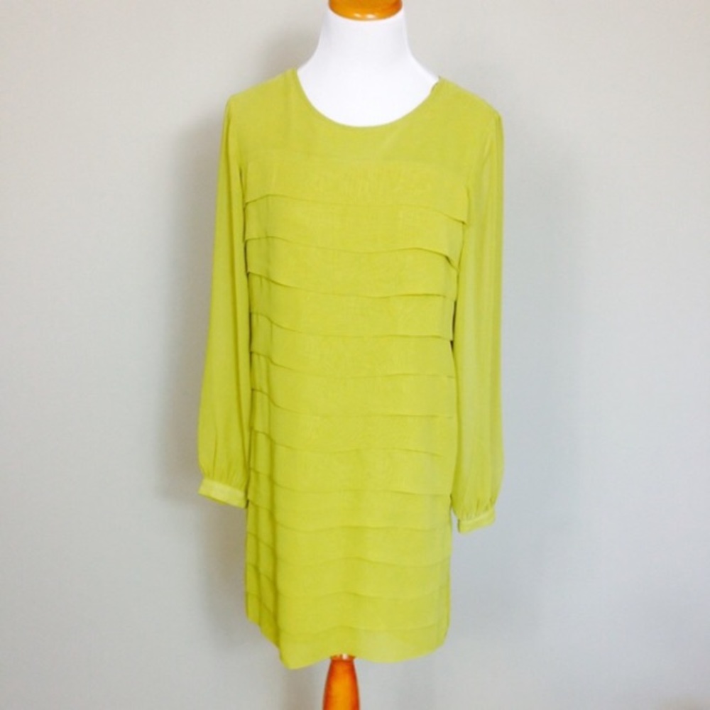 Chartreuse yellow tiered dress; sheer sleeves